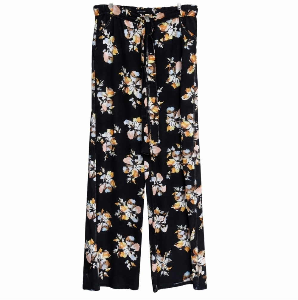 Who What Wear Black Floral Wide Leg Spandex Blend Pants Sz Lg